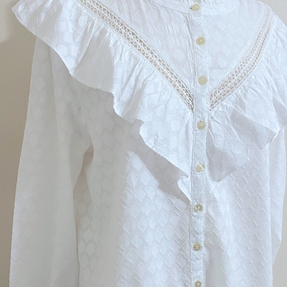 New LOFT White Cotton Romantic Ruffled Prairie Button Down Shirt Medium - Picture 5 of 12